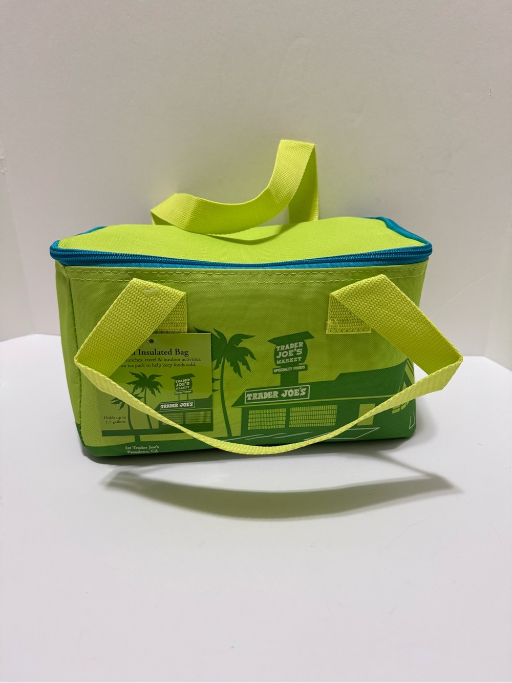 Trader Joe’s Mini Insulated Bag Lime Green Blue Palm Tree Cooler NWT Zip 1.5 Gal